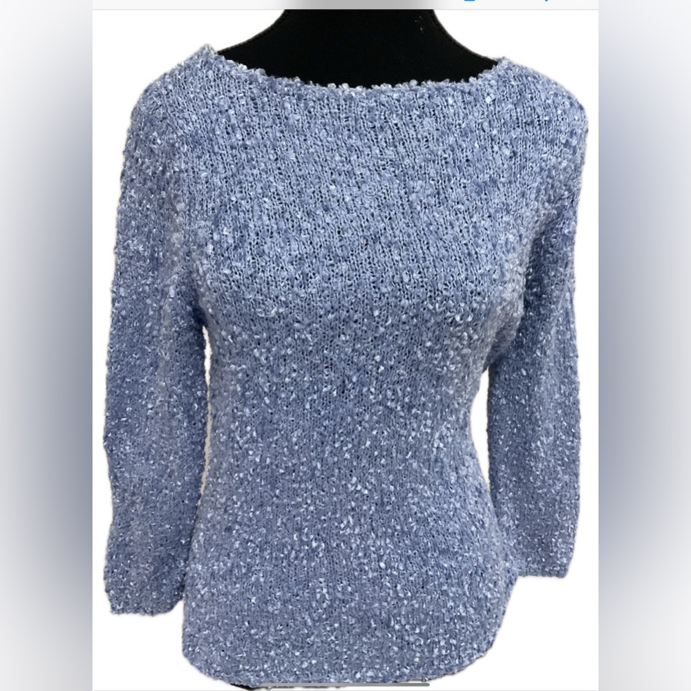 August Silk Knit shimmering blue with white specs, rounded neck sweater.